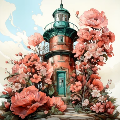 Cute Beautiful Pastel Floral Lighthouse Clipart, Watercolor, hyper realistic, intricate detail, illustration style, high resolution, on the white background