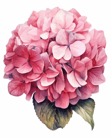 detailed watercolorart big pink hydrangea head no leaves , isolated on white background, realistic, clipart