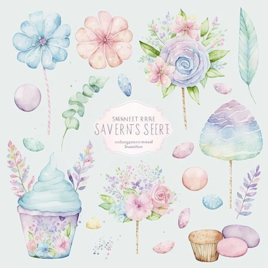 Spring Fever Watercolor Collection: This clipart set features a variety of springtime illustrations, rendered in a soft and feminine watercolor style. The set includes images of sweets anda candies The colors are light and pastel, with a focus on pinks, blues, and purples. These clipart illustrations would be perfect for adding a touch of springtime beauty to any project, whether it's a blog post, a social media campaign, or a printable design
