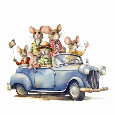 a father mouse driving a car with family going on vacation, detailed, hd, watercolor, clipart, white background