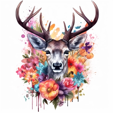 full deer head to tail with flowers clipart, creative art, shiny, rich color, super resolution, Pshycedelic PNG, Graffiti, Clipart, watercolor, realistic, 8k