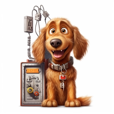 clipart, cartoon brown dog like an electrician with electrical box, in the style of imax, playful and lighthearted compositions, childlike innocence and charm, uhd image, realistic and hyper-detailed renderings, movie still, utilizes, white background