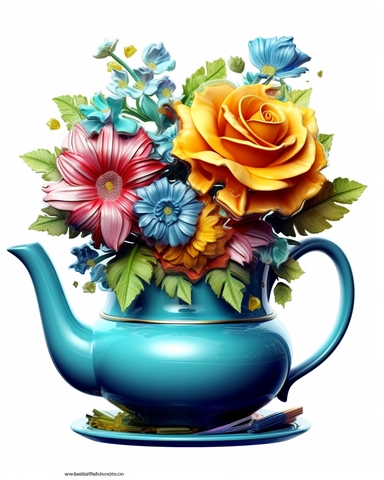 Vintage Flowers Tea Cup and Pot 3d sublimation Clipart, blue-green cup, shine a little, colorful Flower, Retro Flower, Rainbow Color, highly detailed, white background 8k