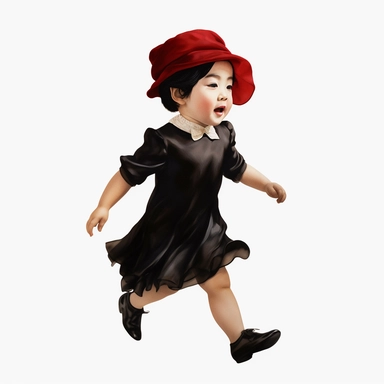 Singer Yoko Ono as a 2 year old toddler, wearing a classic black satin chanel dress, red shoes, red velvet bowler hat, gold silk scarf, dancing, irradiant facial expression, plain white background, clipart