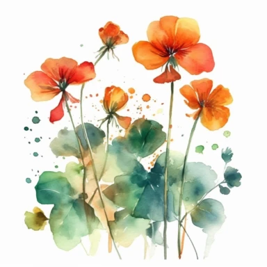 watercolor illustration of Nasturtiums flowers, watercolor clipart, watercolor splashes, spring boho vibes, 4k uhd, realistic floral portrait, white background