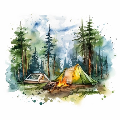 camping scene in forest watercolor style clipart on white background with margins