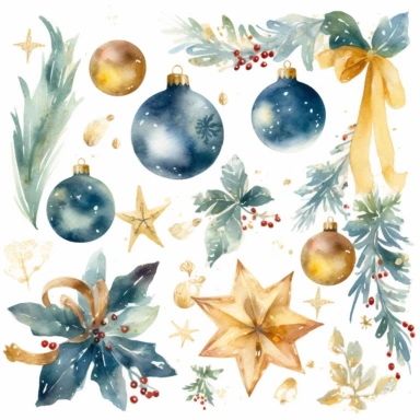 Design a collection of watercolor clipart images featuring elegant Christmas motifs such as snowflakes, stars, and ornaments. The images should have a sophisticated, upscale feel with clear lines and rich, luxurious hues. The clipart should be suitable for use in upscale holiday party invitations and other similar projects