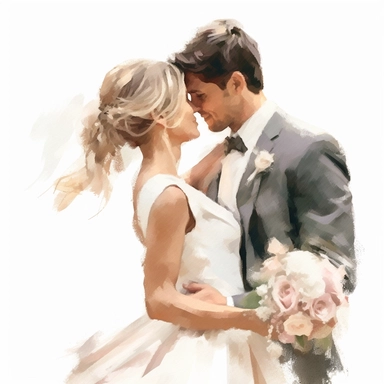 Wedding bride and groom, clipart, white background, in the style of elegant realism, muted and subtle tones, detailed painting, transparency and lightness