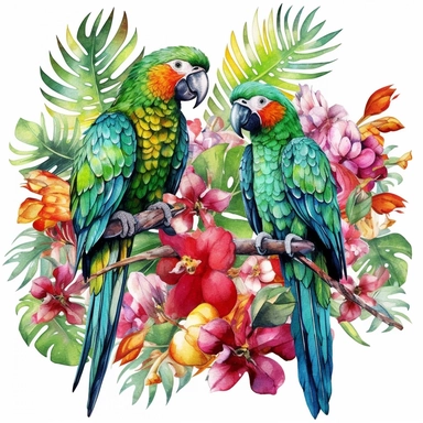 Amazon Parrots with tropical gardens, watercolor sublimation design, Sublimation Clipart,hyper realistic, intricate detail, illustration style, isolated on white background for removing background, Super-Resolution, Megapixel