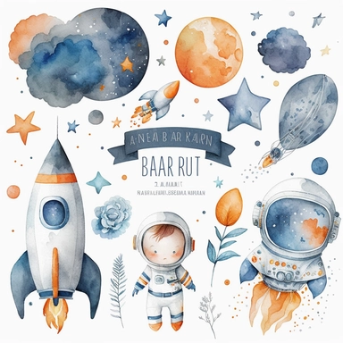 space-themed watercolor clipart set for baby nursery featuring rockets, planets, stars and astronauts in shades of blue, orange, grey and white