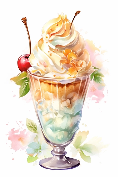 picturesque, a bright almond sundae, clipart on white background, watercolor style, spring vibes, detailing in pastel colors, high quality, painted by Beatrix Potter, 8k