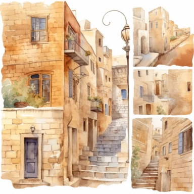 watercolor mardin town in turkiye, illustrations clipart set, simple, , cartoon elements ,different variants , historic stone houses,historic buildings, cobblestone lanes, tone facades of the buildings, Mardin's stone Alleyways separate elements with a margin