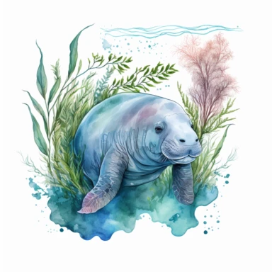 hand drawn Florida manatee, in crystal blue water, underwater with plants, very detailed and realistic, watercolor, white background with margins, clipart style