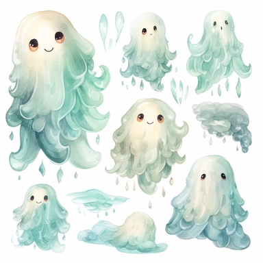 cute ghost watercolor clip art, in the style of light beige and dark aquamarine, varied brushwork techniques, wavy resin sheets, elaborate, colorful, rollei prego 90, naturalistic animal paintings