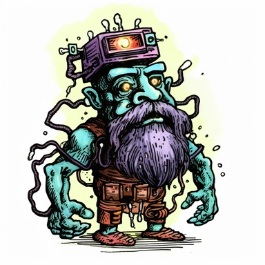 shambling limping dwarven zombie with tesla coils coming out, dark electric aura, Basil Wolverton Josh Kirby Dave Gibbons handpainted enamel punk zine indie retrowave, clipart illustration, solid white background