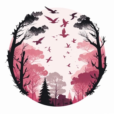 A peaceful forest with pink trees, and small birds flying through the air. Clipart white background in a circle