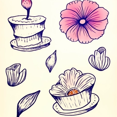Modern clipart, minimalistic Birthday cake, Flowers, hand draw, line art illustration, seamless