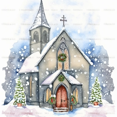 christmas wedish church, clipart, watercolor, white background, style of Inga Moore
