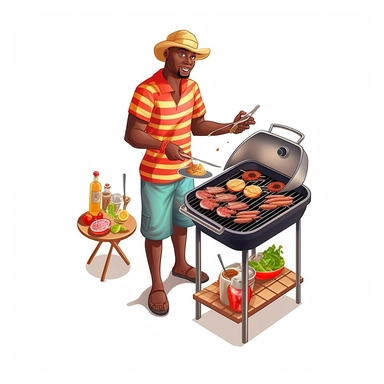 a 3D unrealistic image of a man cooking on an outdoor grill dressed in summer clothes clipart, graphic vector, isolated on white background