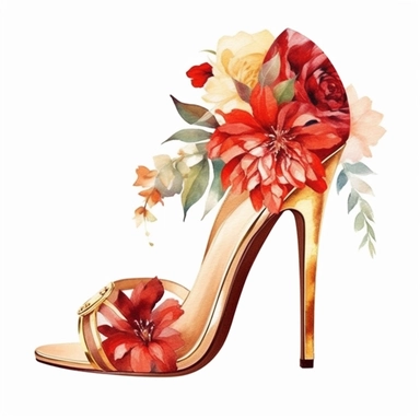 floral Wedding heels watercolor clipart, gold and red, white background