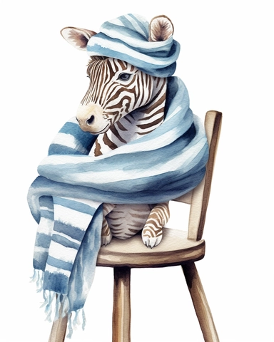 detailed watercolor Baby Zebra on a chair with scarf , hyper realistic, isolated on a white background, clipart