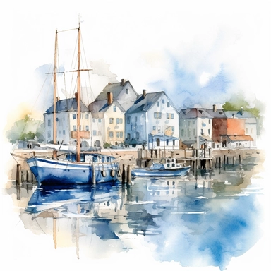 blue Harbor , watercolor by Nita Engle, Clipart, vectorized with white background,