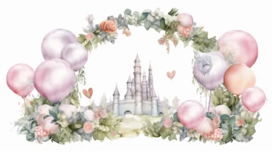 watercolour illustration, jungle smash pastel pink princess themed scene, pastel roses balloon arch, fairy tale, fairy tale pink jungle, leaves and balloons, clipart, sublimation graphics, by Beatrix Potter, watercolour clipart, unique design, print on demand image, transparent PNG background, white background, 8k