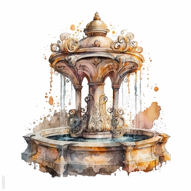 watercolor perfect detailed complicated fontain clipart with white background realistic colors, white background