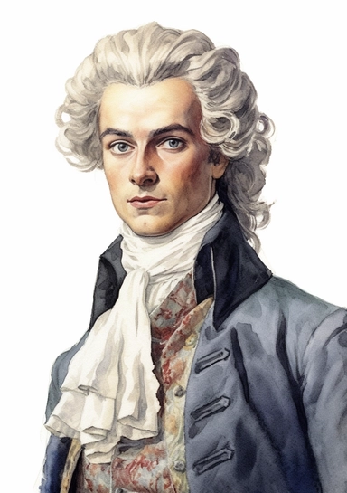 A high detail, close-up of an 18th-century gentleman with a powdered wig and a lavishly embroidered cravat watercolor clipart, hyper-realistic, white background