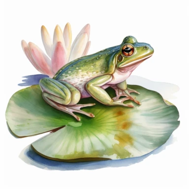 watercolor painting on textured paper realism of a frog on Lilly pad white background clipart