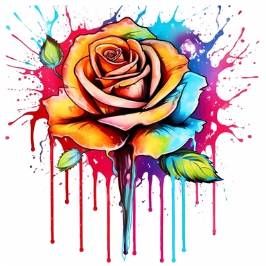 tattoo design of rose flower color art watercolor drip in transparent overlay, in the style of vibrant spectrum colors, white background, color gradients, chalk art, whimsical yet eerie animal symbolism, vibrant murals, hand-coloring watercolor clipart, white background