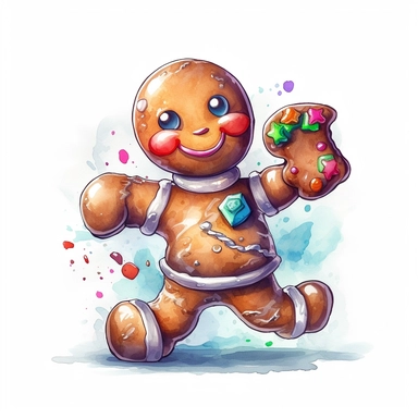 Gingerbread Man hold Candy style by Lucy Fleming, watercolor, smooth gradients, black contour outline, ultra detailed, clipart elements, delicate pastel colors, solid white background, super clear, high quality