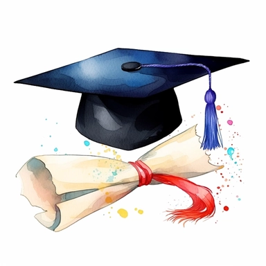 Beautiful Hat And Paper graduation Watercolor Sublimation Clipart, Cartoon,hyper realistic, intricate detail, illustration style,high solution,on the white background