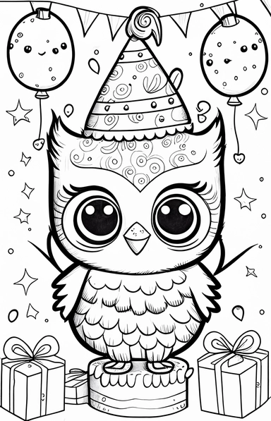 a cute and happy owl's birthday, black and white clipart for a kids coloring page, thin black lines, simple details, accurate features, illustration style