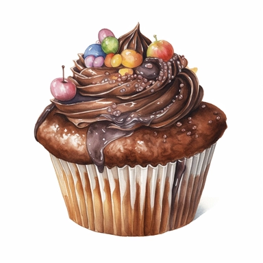 Watercolour of chocolate cupcake, Clipart,Cartoon,hyper realistic, intricate detail isolated on a white background, high quality, sublimation, detailed, cartoon style