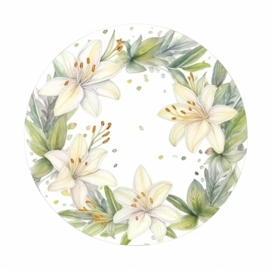 white lilies circular simple elegant frame, detailed realistic watercolor illustration, white background clipart