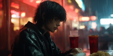 Wide shot. Future Thriller, Denis Villeneuve. Future Paris in 2060. Foggy night. Small street, the smell of street food. A badass woman journalist, punk, with black hair, played by Agathe Rousselle, is wearing an Akira futuristic jacket. She is eating ramen and a beer in a small Ramen place. on her table she has her photographic camera