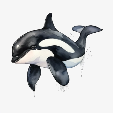 full body shot extremely cute smiling watercolor orca whale clipart with black outline and white bg