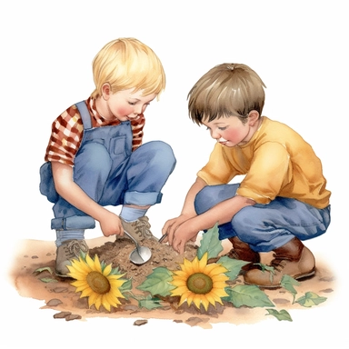 two boys from the early 20th century are playing marbles in the dirt with their schoolhouse behind them that has sunflowers and lavender growing nearby watercolor clipart no fonts no letters no words