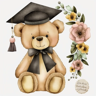 cute watercolour Teddy bear graduate flowers, black and gold, Clipart isolated,