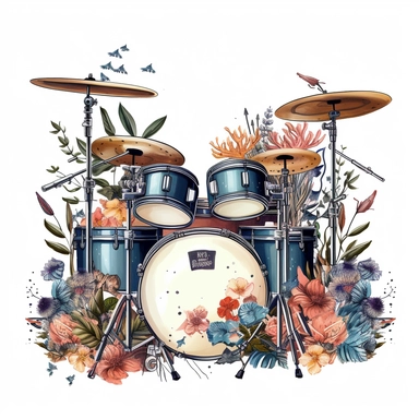 painting of a drum set with floral on white background, clipart, illustration, ultra detailed art, illustration style, comical, illustration, detailed,png, 8k