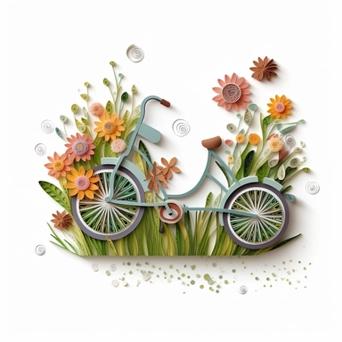 clip art, quilling art style, bicycle with flowers coming out of the basket, grass on the ground, high detail, white background fade to edges, sticker