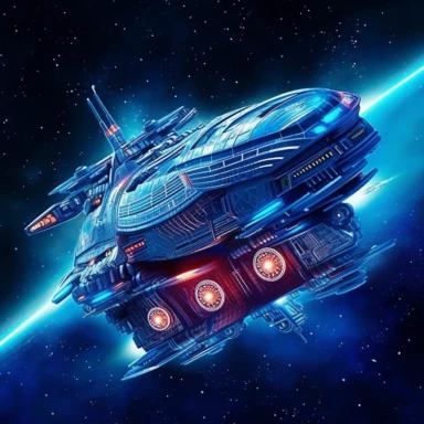 a huge spaceship from which many small ships emerge, with warp propulsion, among stars and nebulae, lush lights, clipart, BLUE background, Spielberg style