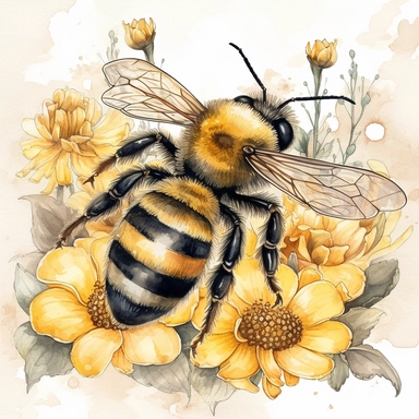 A charming watercolor honey bee clipart capturing the beauty of spring garden bees, delicate honey bee painted in warm tones of yellow and black, fuzzy body and translucent wings are depicted with intricate details, hovers near a cluster of blooming spring flowers, such as daisies, tulips, and lavender, which are painted in vibrant and harmonious colors, soft and dreamy atmosphere, each illustration focuses on the exquisite details of the honey bee, showcasing its unique beauty and importance in