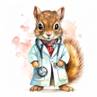 watercolor clipart, vey cute squirell, wearing a stethoscope and a white coat, working as a veterinarian, watercolor style, realistic, bright colors, 300 dpi, 8k, white and clear background, high solution