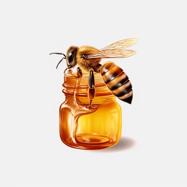 honey bee eating from beauty jar with honey realistic clipart on white backround