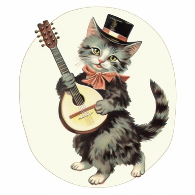 Vintage 1920 Kitten Looking Happy Wearing a Tophat and Playing a Banjo Illustration, Chromolithograph, 1920s Illustration, Vintage, Chromolithograph, Colorful, Antique, Ephemera, Clipart, 8k, Isolated on white
