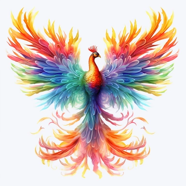 VERY COLORFULPHOENIX, wings fully extended, fully visible, no image cropping, clean borders, in flight, wings made out of simetrically colored FLAMES and a long ornate tail, colors resembling a Peacock, super clear, WATERCOLOR, Sublimation, PNG, Digital Clipart, 16K, hyper detailed, PLAIN WHITE BACKGROUND, PNG, AR 8:12 no background no clipping