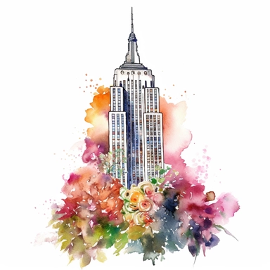 Empire State building clipart, watercolor style, surrounded by flowers, white background