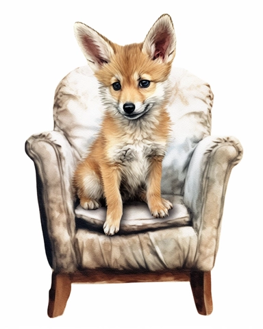 detailed watercolor Baby Coyote on a chair , hyper realistic, isolated on a white background, clipart